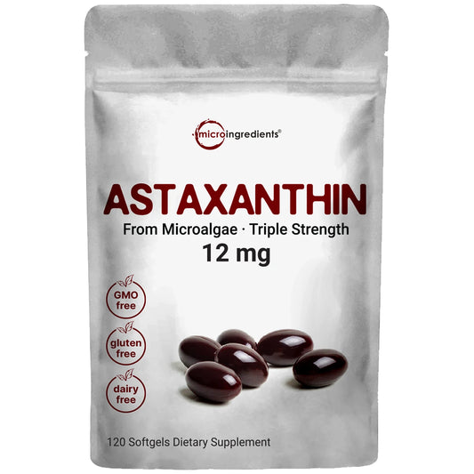 Softgels de Astaxantina 12mg. Vista frontal del empaque. Libre de gluten, lacteos y sin transgénicos.