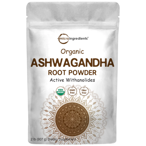 Polvo de ashwagandha orgánico. Vista frontal del empaque